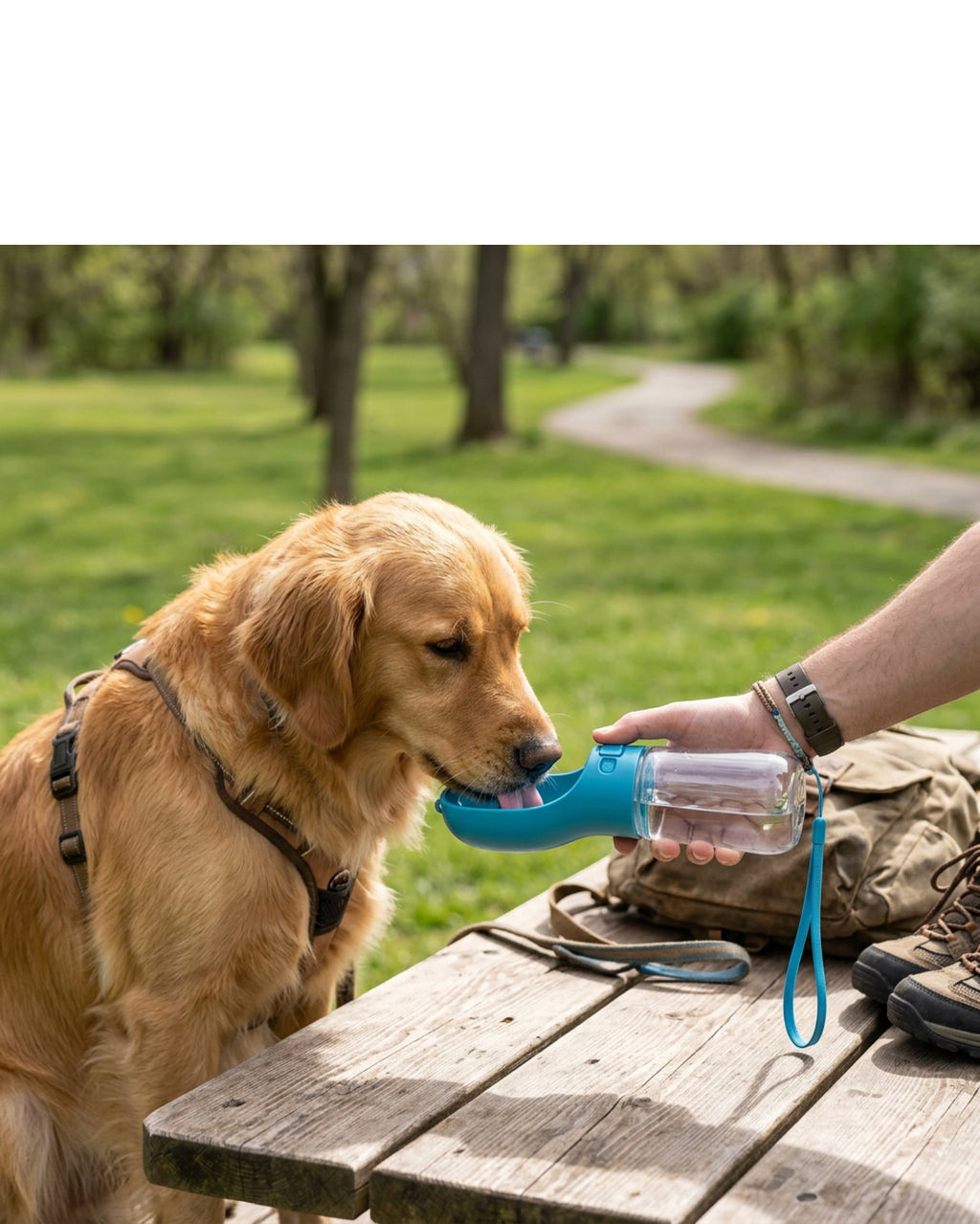 Tucy Pet Travel Water Bottle with Trough 420 ml Ocean Blue - Lifestyle view